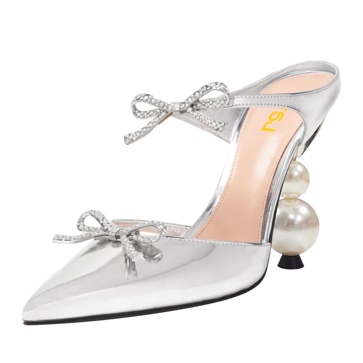 FSJ Women Pointed Toe with Two Bows Mules Perals High Heel Sandal Slip On Sexy Backless Summer Slides Ladies Party Dress Shoes Size 4-16 US