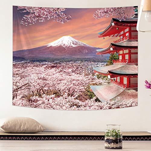 Japanische Wandbehang Wandteppich Asiatische Fuji Berg Tapisserie Japan Pagode Wanddekoration mit Kirschblüten Kunst Natur für Wohnzimmer Schlafzimmer Wanddekoration (59,1 x 51,2 Zoll)
