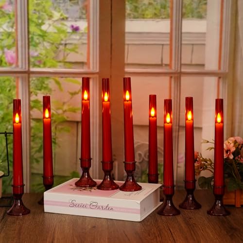 Image of Flameless Taper Candles Flickering with Remote and Timer, 9 Pack Led and Battery Operated Candles for Home Decoration, Party, Weddings, and Holiday Celebrations（Red）