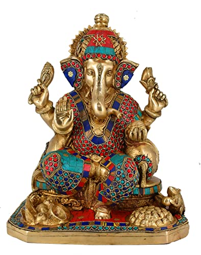 White Whale Large Lord Ganesh Murti Ganesha Idol Ganpati Brass Statue With Multicolor Stone Work For Home Decoration Showpiece #TOP17