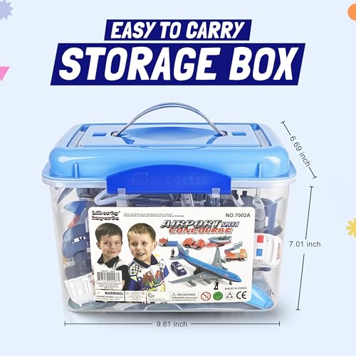 Liberty Imports Kid's Airport Playset in Storage Bucket with Toy Airplanes, Play Vehicles, Police Figures, and Accessories (57 Pieces)