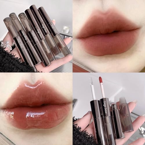 Image of Gege Bear Dual Lip Gloss | Matte & Mirror Glossy Double Headed Liquid Lipstick | Velvet Matte & High Shine | Nude Dream Red Wine Sakura Pink Brown | Moisturizing Lip Care Gloss | Korean Style Makeup Aesthetic | Best Hydrating Lipstick For Women (02#Spring Island, 2gX2)