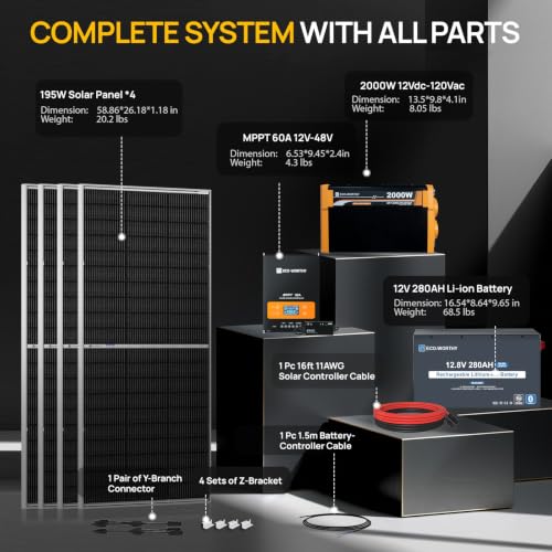 Image of ECO-WORTHY Off Grid Solar System Complete Kit：800W Solar| 3.6kwh Battey | 4PCS N-Type Bifacial 195W Solar Panel+12.8V 280Ah Lithium Battery+60A MPPT Charge Controller+2000W Pure Sine Wave Inverter