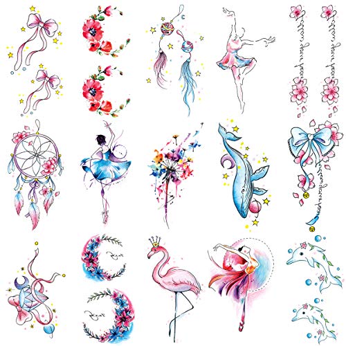 Oottati 15 Sheets Small Cute Color Pink Bow Tie Flower Wind Chimes Ballet Dreamcatcher Dandelion Whale Diamond Moon Flamingo Temporary Tattoo Stickers