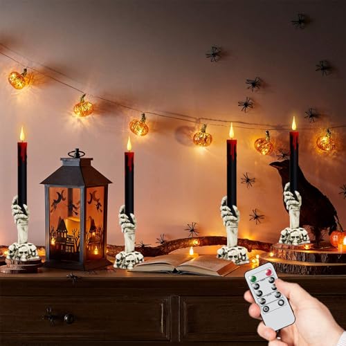 Image of GenSwin Halloween Black Taper Flameless Candles with Ghost Hand Candlesticks and Remote Timer, 2 Pcs Battery Operated Taper Candles with Holder and 3D Flame for Halloween Decor