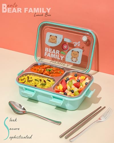 Image of Brand Conquer Lunch Box Leak-Proof BPA Free Stainless Steel for School, Lunch Box for School & Office with a Fork, a Spoon and a Pair of Chopsticks (Green, Bear Family 3 Compartment)