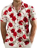 JOGAL Men's Flower Cotton Button Down Short Sleeve Hawaiian Shirt Large WhiteRose