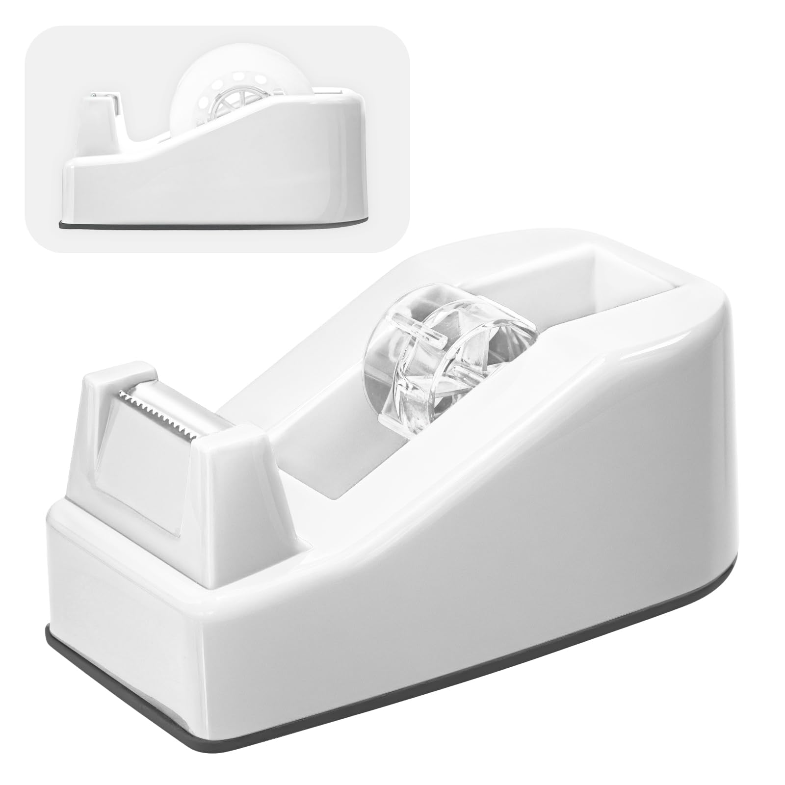 Desktop Office Tape Dispenser, Adhesive Roll Holder with Weighted Nonskid Non-Slip Base, Cute Plastic Weighted Tape Roll Dispenser for Desk, Office, Home, School, Shop - White