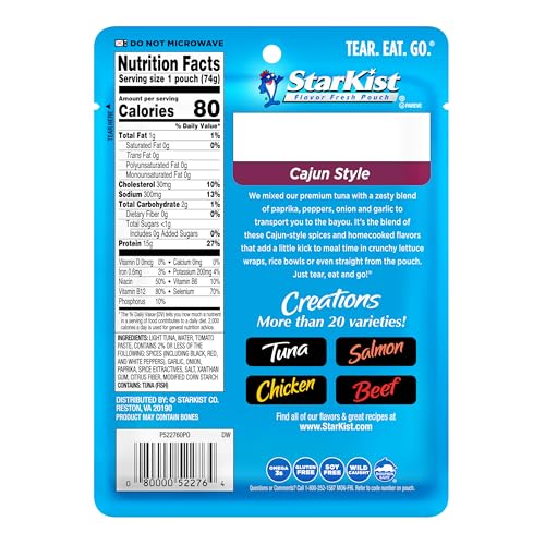 Image of StarKist Tuna Creations Cajun Style Pouch (2.6 oz - 2 Pack) Wild Caught, High Protein Shelf Stable Seafood, Gluten Free, Soy Free, No Draining, Ready to Eat for Salads and Sandwiches