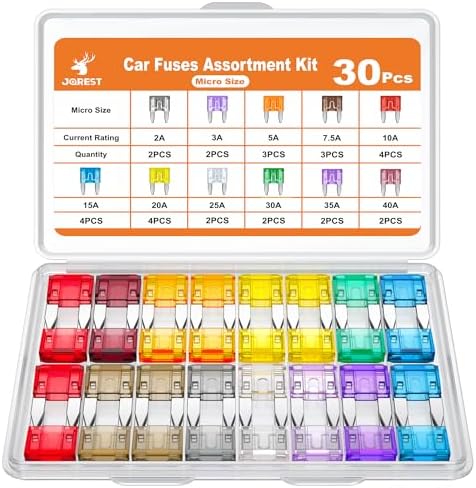 JOREST 30Pcs Mini Car Fuse Kit - Mini Blade Fuses Automotive - Replacement Fuses Assortment Kit for Car/RV/Truck/Motorcycle(2Amp 3A 5A 7.5A 10A 15A 20A 25A 30A 35A 40A)