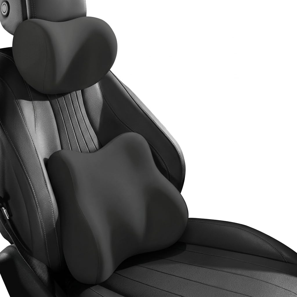 WANJUNSHANGMAOYOUXIAN Car Cushion Lumbar Pillow Headrest for Audi Q6 Sportback e-tron GF I 2024-2025, Waterproof Ergonomic Premium Memory Foam Car Neck Cushion & Lumbar Support Pillow Set,Black