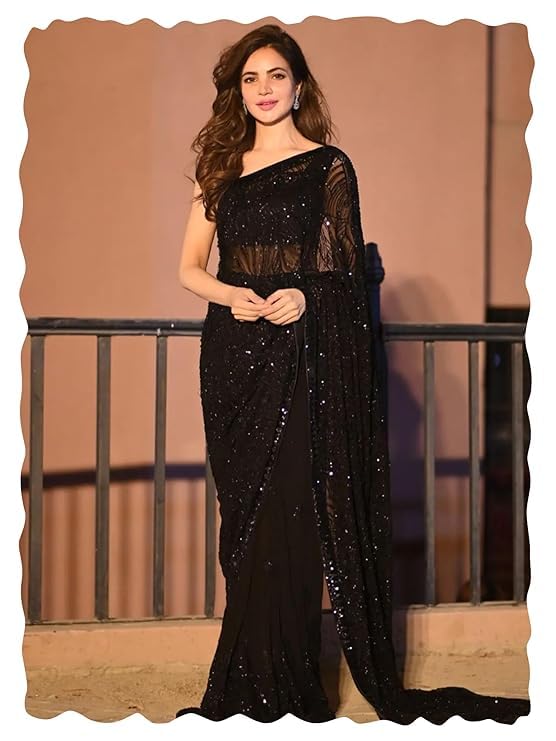 Image of AKHILAM Women's Shimmer Pure Georgette Embroidered Ready To Wear one Minute Saree With Unstitched Blouse Piece