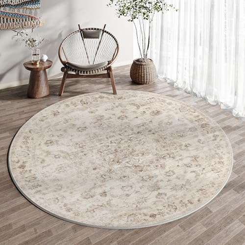 HUGEAR Beige Vintage Alfombra Redonda 150cm Antideslizante Lavable Lavadora Redondo Tapetes para Sala Comedor Habitacion Juvenil Exterior Terraza Pelo Corto