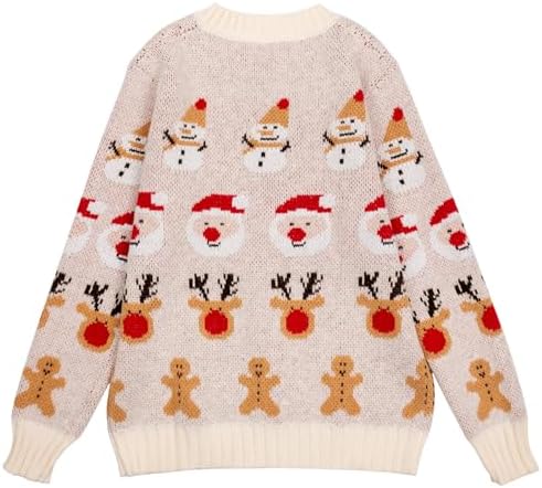 Stylish woman smiling, wearing a festive long-sleeve button-front holiday cardigan sweater.