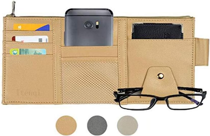 Car Sun Visor Organizer, Auto Interior Accessories Sunglass Pen CD Card Slots Small Document Pouch, PU Leather, Multi-Pocket with Zipper Beige