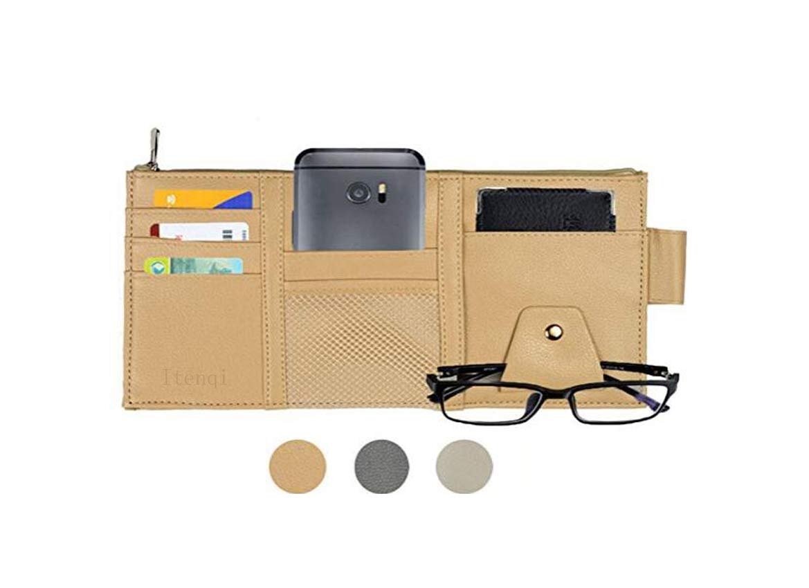 Car Sun Visor Organizer, Auto Interior Accessories Sunglass Pen CD Card Slots Small Document Pouch, PU Leather, Multi-Pocket with Zipper Beige