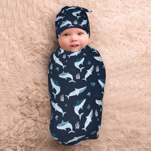 Image of Sharks Ocean Animal Baby Stuff Swaddle Blanket Wrap Baby Newborn Blanket Soft Stretchy with Headband Hat Set Gift for Infant Boy Girl