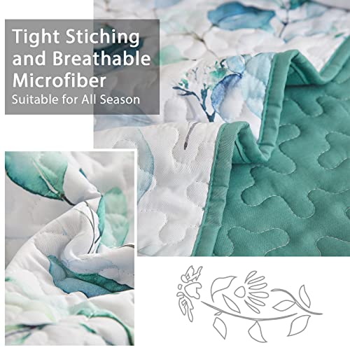 Djy Floral Quilt Set Queen Size 3 Pieces Botanical Green Bedspread Green Leaves Soft Microfiber Lightweight Coverlet Bedding Quilt With 2Pillowcases For All Season (Queen 96''X90'') #TOP3