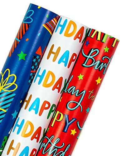 RUSPEPA Reversible Wrapping Paper Roll – Mini Rolls – 3 Rolls – 43.2CM X 3.05M Per Roll – Happy Birthday Lettering and Gift Box for Kids’ Birthday, Baby Shower, Blue & Red
