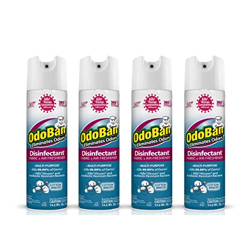 Image of OdoBan Ready-to-Use 360-Degree Continuous Spray Disinfectant & Harsh Aroma Eliminator, Fabric & Air Freshener, Made in the USA, Cotton Breeze Scent, 14.6 Ounces, 4 Pack
