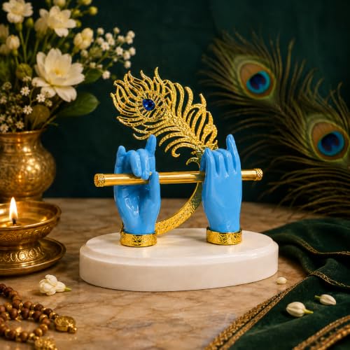 Image of CraftVatika Goldplated Krishna Hand with Flute Idol Peacock Feather Mor Pankh Showpiece,Housewarming Gift, Birthday Anniversary Wedding Janmashtami Gift,Home Decor Decoration Items for Living Room