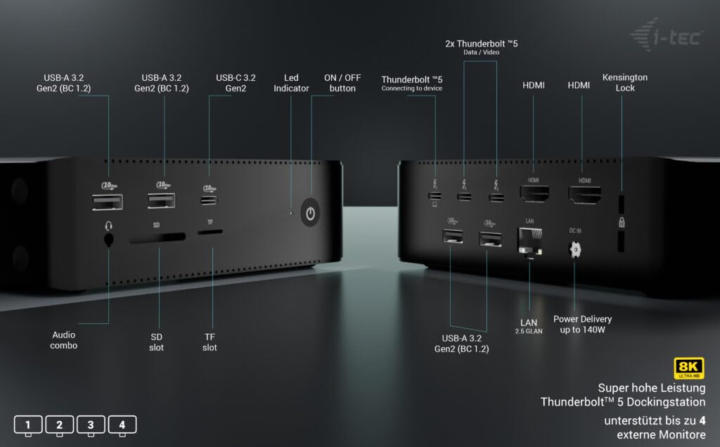i-tec I-TEC Thunderbolt 5 Quattro Display Dock DS 2xTB5 2xHDMI 1x2.5GLAN 1xAudio/Mic 1xUSB-C Gen2 4xUSB-A Gen2 SD+TF Carte mère PD 140W KL TB5QUATTRODOCKPD