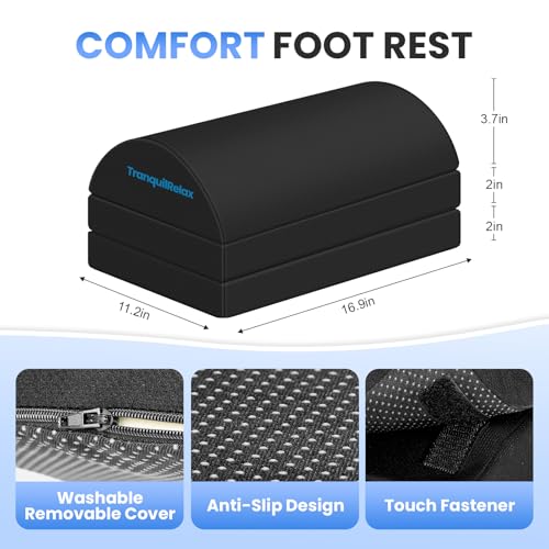 Image of TranquilRelax Foot Rest for Under Desk at Work, Gaming Accessories Foot Stool with 3 Adjustable Heights & Washable Cover, Comfortable Office Desk Accessories, Footrest for Office, Home and Car (Black)