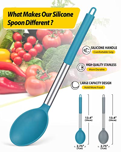 Pack of 2 Large Silicone Cooking Spoon Non Stick Solid Basting Spoons Heat-Resistant Kitchen Utensils for Mixing Serving (Gray-Blue) - Image 3