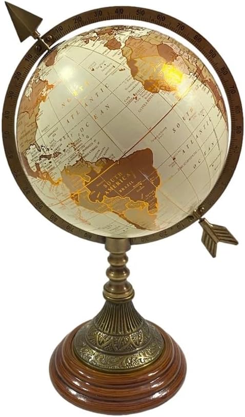 Brass World Map Globe on Wooden Base with Arrow, Rotating Globe, Educational World Map Globe, Home & Office Desk Décor