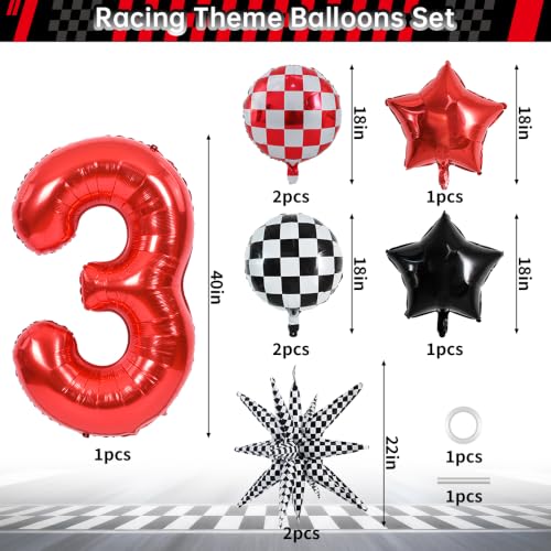 Image of TONIFUL Race Car Party Balloons Set - 40 Inch Red Number 3 Foil Balloon with Checkered Round, Explosion Star & Star Balloons for Boys 3rd Birthday Car Themed Decorations, Photo Backdrop Supplies