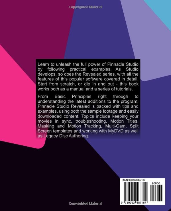 Back cover of 'Pinnacle Studio 26 Revealed' book, showing a detailed description of the book's content and ISBN barcode.