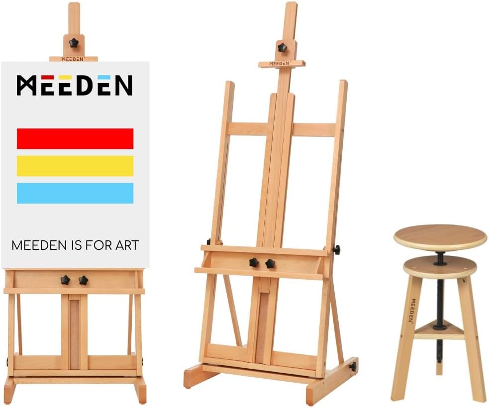MEEDEN Large H-Frame Easel Holds Canvases Up to 78" and Wooden Drafting Stool with Adjustable Height