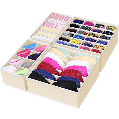 Simple Houseware 4-Pack Drawer Organizer Set - Closet Dividers for Underwear, Socks, Bras, Scarves, Ties - Foldable Non-Woven Storage Boxes, Beige
