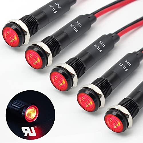 FILN 5Pcs 8MM (5/16'' )Indicator Light 110v 120v Metal Pilot Lamp Lights Aluminum Black Anodized Waterproof ip67 Red Signal Lamp Light(110V-Black Anodized-Red 5Pcs)