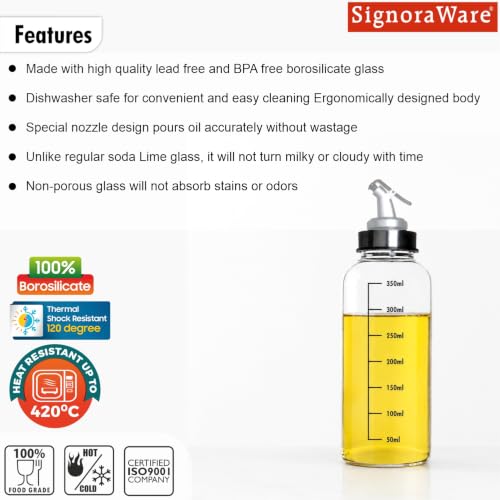 Image of Signoraware Eze flow Borosilicate Glass Oil Dispenser,(350ml, Clear), Measurement Marking, Wide Bottleneck for Easy Reffiling, Lock Nozzle Lid, Grilling, Essential oils, Home & Restaurant use