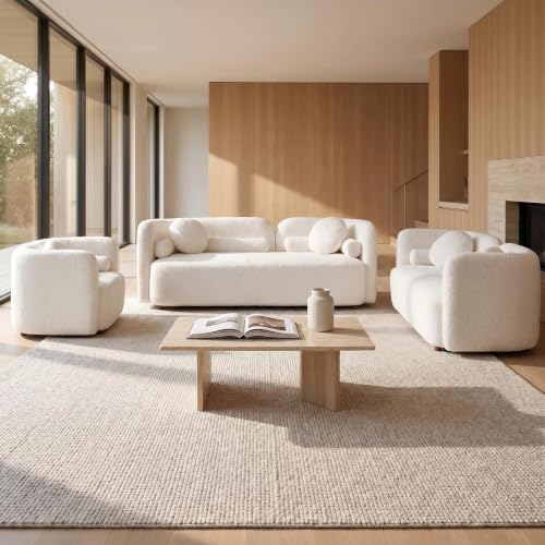 Image of Curved Couch Set for Living Room, 3 Piece Boucle Sofa & Loveseat Set with Accent Chair, Deep Seat Modern Sofa Set, Minimalist Upholstered Living Room Furniture Set for Home Apartment Office, White