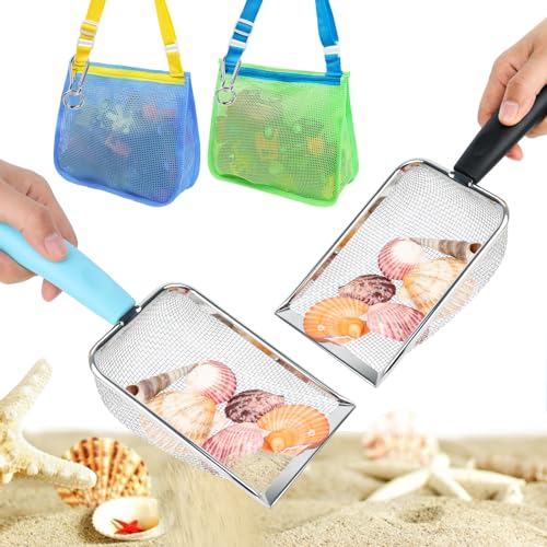3 otters 2Pack Beach Mesh Shovel with Mesh Beach Bag for Shell Collecting, Sand Sifters Shell Collect Bag for Kids, Great Shelling Tools
