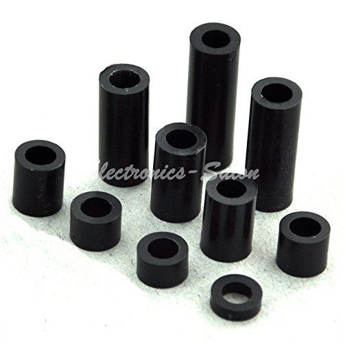 Electronics-Salon Black Nylon Round Spacer Assortment Kit, Not Threaded for M4 Screws, Plastic. OD 7mm, ID 4.1mm, L 2mm 4mm 5mm 6mm 8mm 10mm 12mm 16mm 18mm 21mm.