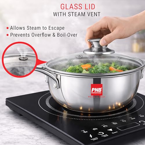 Image of PNB Kitchenmate triply Stainless Steel kadai - 2.0 Liter | Induction Compatible triply kadai with lid | Stainless Steel cookware | Try ply cookware for Indian Cooking with Glass lid | 5 Year Warranty