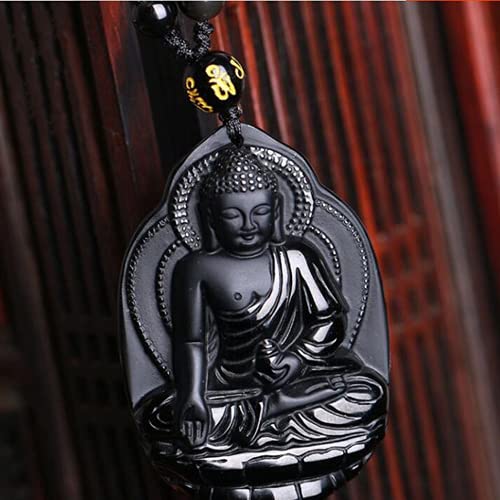 Collier Obsidienne Véritable et Pendentif Bouddha Finement Sculpté