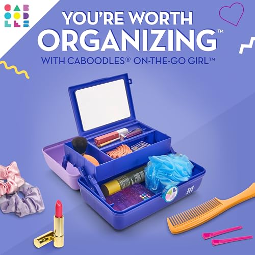 Image of Caboodles On-The-Go Girl Makeup Box, Two-Tone Lilac on Cobalt, Hard Plastic Makeup Organizer Box, Built-In Mirror, Secure Latch for Safe Travel, Spacious Storage for Large Items