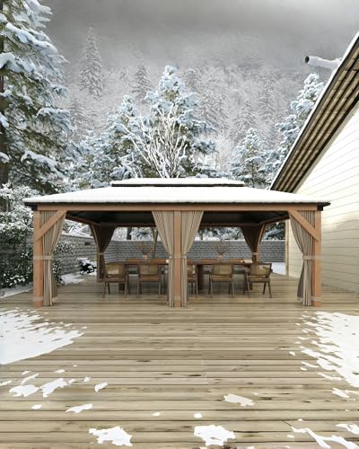 Hardtop Wood Gazebo 12'x20' for All Weather, with Double Metal Roof, Heavy Duty Wooden Frame, Net, and Curtain, Permanent Building for Patio, Deck, Backyard, Lawn, and Garden, Khaki