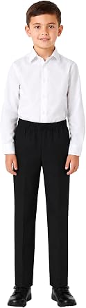 Boys School Trousers Full Elastic Waist Pull-On Uniform Pants Kids Straight Leg Smart Fit No Zip Easy Care Durable Schoolwear Lightweight UK Sizes 2-12 Years