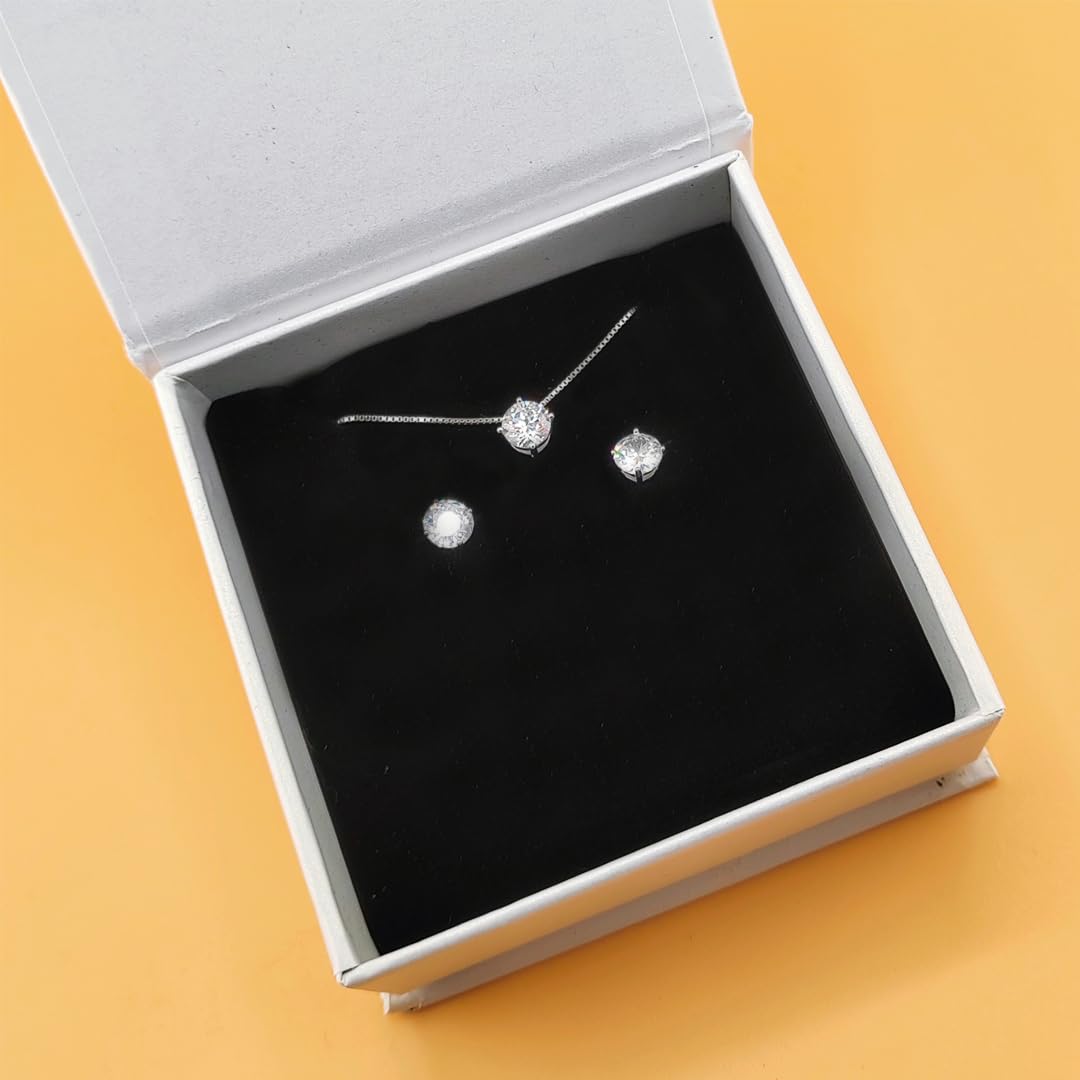 Completo ciondolo punto luce argento 925 rodiato catenina veneziana 42 cm orecchini punto luce con Zirconi Bianchi 6mm Taglio Diamante gioiello elegante donna ragazza