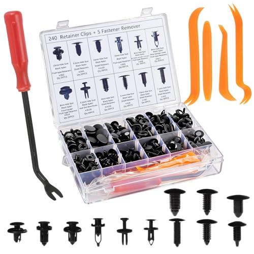 Image of 245Pcs Car Retainer Clips & Tools All-in-One Kit - 240 Black Push Pins (12 Sizes) with 5 Orange Pry Bars Stored Inside Box. Portable Bumper Fender Fastener Set for GM Ford (245Pcs)