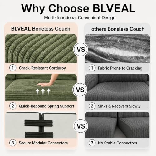 Image of 96 inch Boneless Couch, Modular L-Shaped Cloud Sectional Sofa, Green