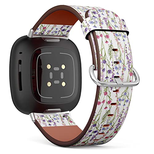 CJBROES Replacement Leather Watch Band, Compatible with Fitbit Versa 3 and Fitbit Sense of Wristband Bracelet Accessory - Spring-Flowers-Grass