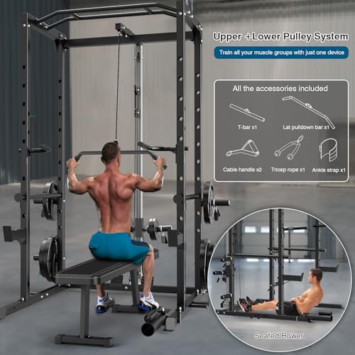 Image of ULTRA FUEGO Power Cage, Multi-Functional Power Rack with J-Hooks, Dip Handles, Landmine Attachment and Optional Cable Pulley System for Home Gym