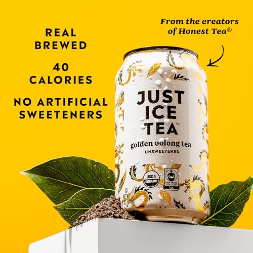 Image of Just Ice Tea, Golden Oolong Iced Tea, 12-Pack (12oz Cans), Green Tea, USDA Certified Organic, Real Brewed, No Calories, Unsweetened, Fair Trade, Made in USA.