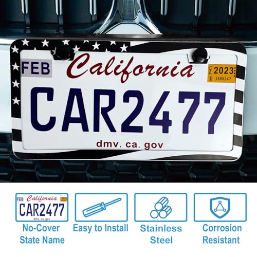 Image of 2PCS Premium American Flag License Plate Frame, Black License Plate Frames, 2 Holes Solid Stainless Steel License Plate Holder, Universal Car License Plate Frame for USA Flag, by Lengnoyp